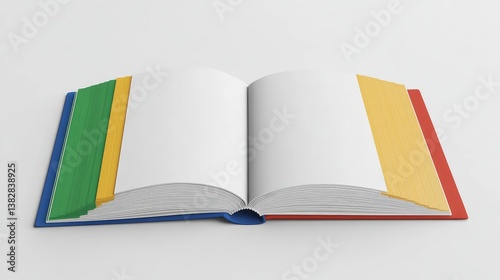 A crisp 3D close-up of a blank open book with white pages, placed on a white background with copy space