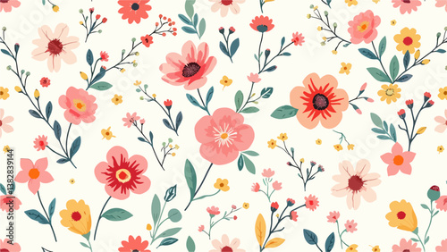 Seamless pattern with tulips, Flowers and branches in Scandinavian style