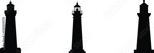 Three Lighthouse Silhouettes of Coastal, Maritime, Navigation Beacons Vector