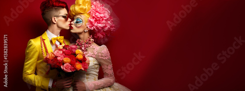 Obraz na płótnie A romantic LGBT wedding moment featuring a lesbian couple two women dressed in wedding attire, sharing a loving glance or embrace, with soft lighting and copy space w salonie