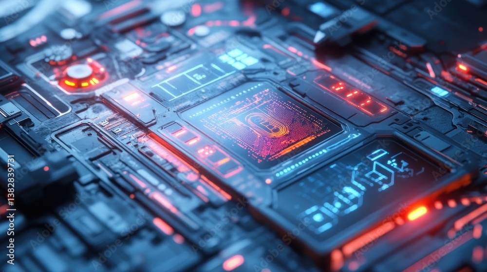 Detailed Computer Circuit Board Close Up with Glowing Lights Technology