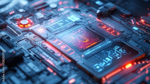 Obraz na płótnie Detailed Computer Circuit Board Close Up with Glowing Lights Technology w salonie