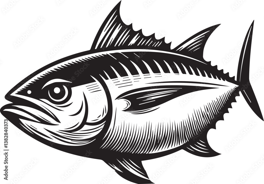 Fototapeta premium High-Quality Black and White Tuna Fish Vector Illustration – Perfect for Tuna Fish Day