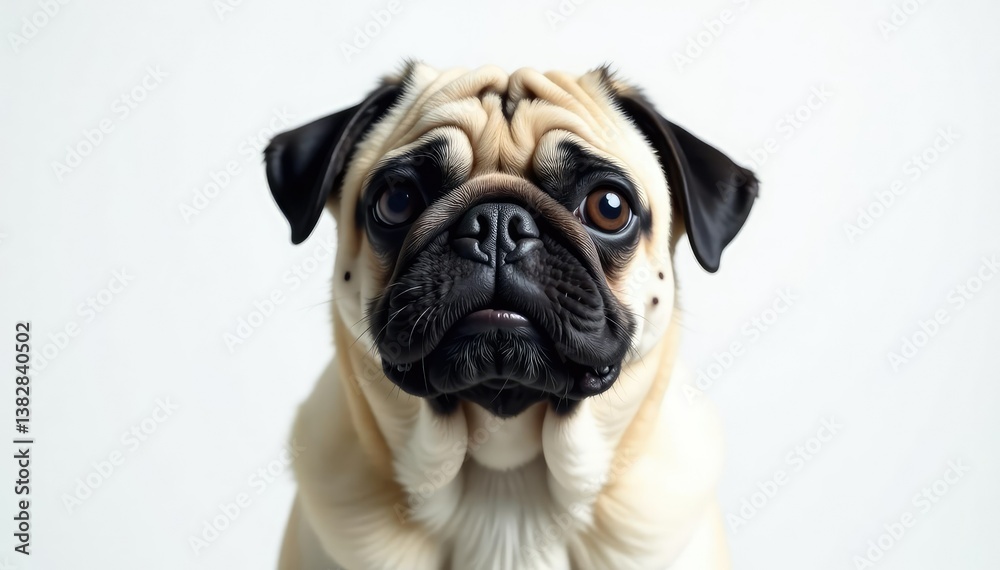 Obraz premium Single pug against pure white backdrop, expressive face , animal, cute, animal photography