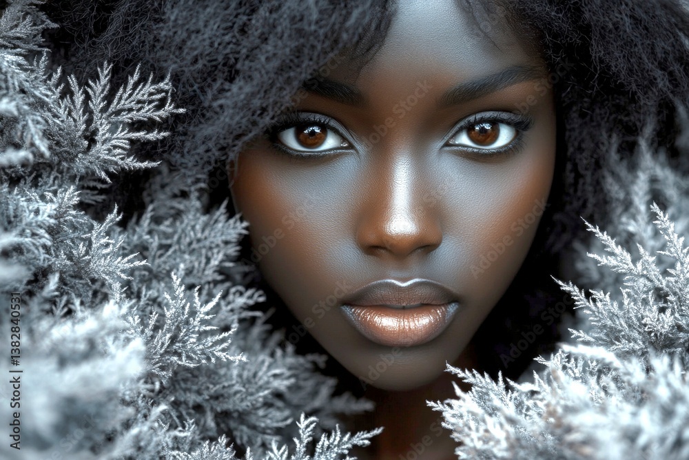 Commercial advertising conceptual art. Long coiffure - gorgeous bush hair. Lovely calm black girl - for ads, poster and web use. Beautiful black hair advertising. Chic black elegance.