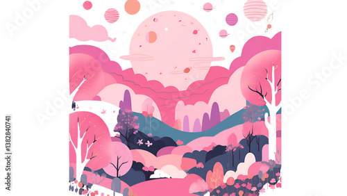 Pink World With Sunset Vector 