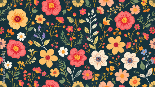 Seamless pattern with flowers, Hand drawn Flowers and branches in Scandinavian style
