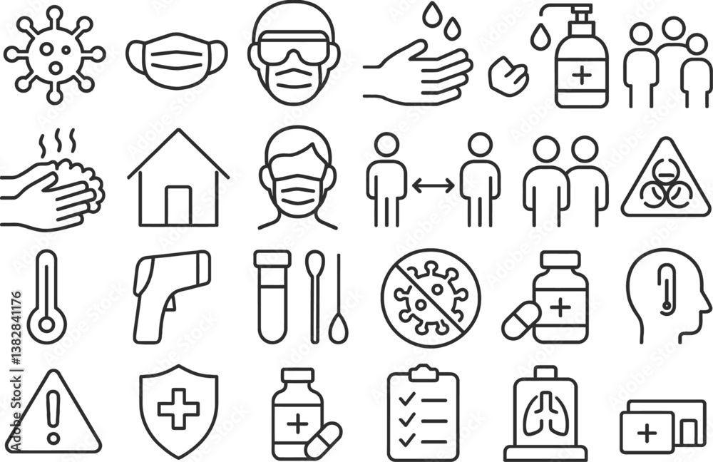 Fototapeta premium Vector illustration of health and safety icons related to hygiene, illness prevention, and healthcare practices during a pandemic