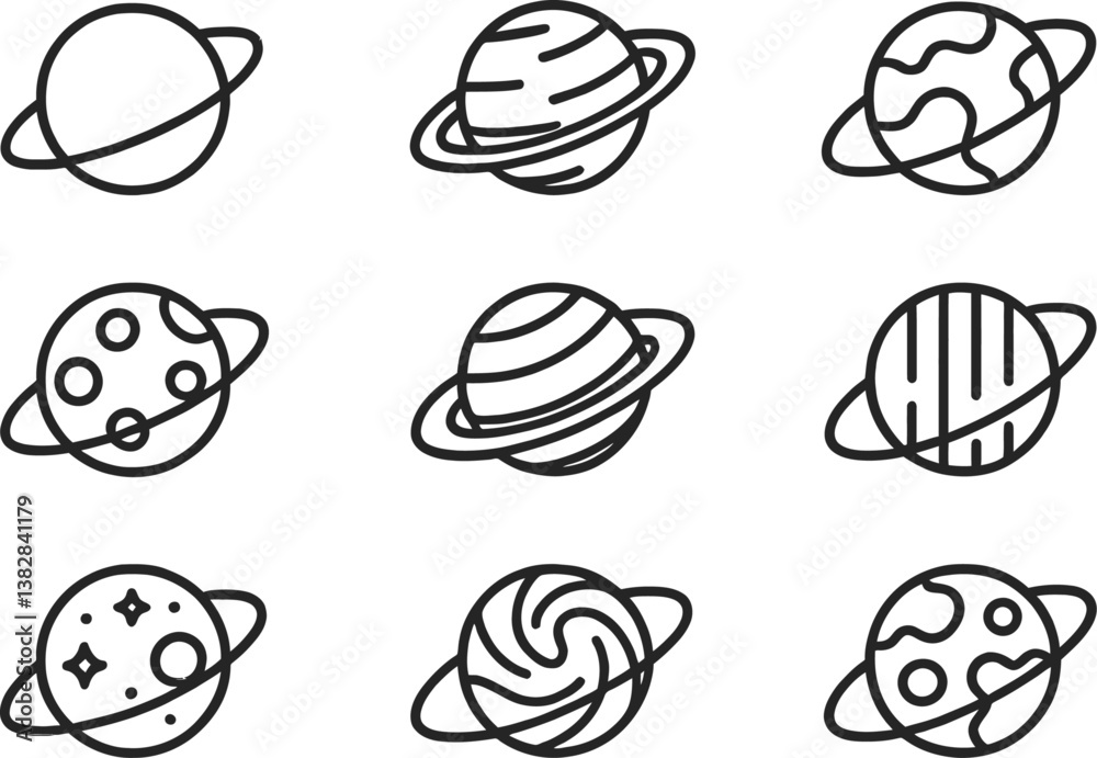 Collection of vector illustration line icons depicting various planets in a simplistic and modern design Collection of vector illustration line icons depicting various planets in a simplistic and modern design