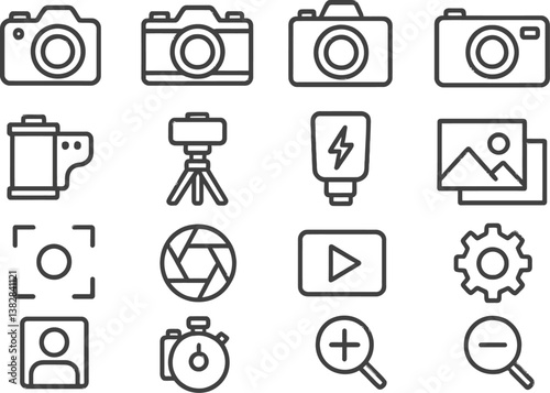 Vector illustration of camera equipment and photography icons featuring tripods, flashes, and video tools for creative projects