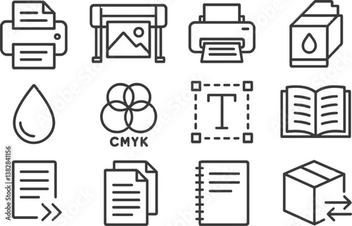Vector illustration of various printing and graphic design icons including printers, color models, and paper types