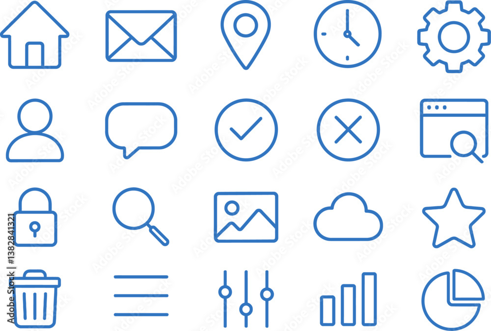 Fototapeta premium Collection of vector illustration line icons depicting various common activities and objects for digital design projects
