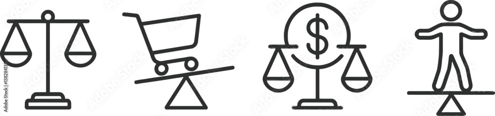 Vector illustration of balanced concepts featuring scales, a shopping cart, and a person maintaining equilibrium Vector illustration of balanced concepts featuring scales, a shopping cart, and a person maintaining equilibrium