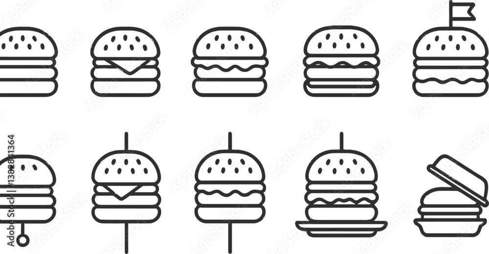 Vector illustration of line icons representing various burger designs and styles for culinary and graphic projects Vector illustration of line icons representing various burger designs and styles for culinary and graphic projects
