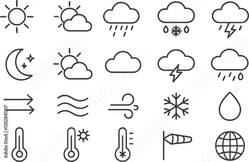 Weather condition vector icons depicting sun, rain, snow, cloud, wind, temperature, and global weather symbols