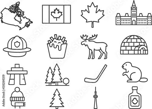 Vector illustration of Canadian icons featuring nature, culture, and landmarks