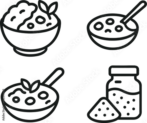 Variety of dessert bowls with toppings and a jar of sprinkles displayed in a minimalist vector illustration style