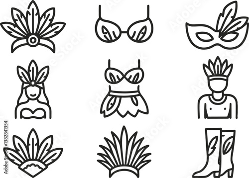 Explore vibrant line icons representing carnival costumes, masks, and accessories in a festive celebration setting