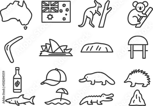Vector illustration of Australian symbols showcasing wildlife, landmarks, and iconic elements in a minimalistic line art style