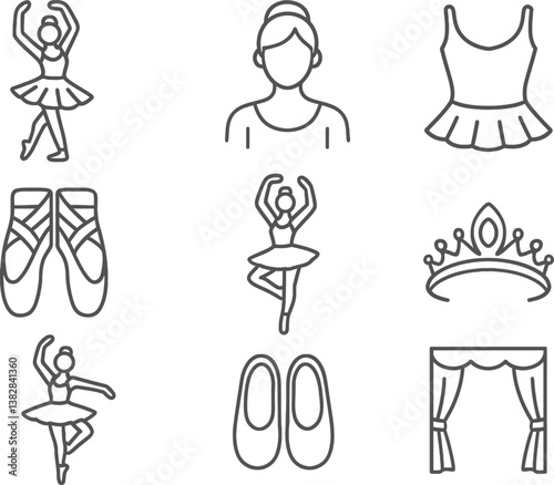 Vector illustration of ballet themed line icons showcasing dancers, costumes, and accessories associated with ballet performances