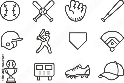 Line icons depicting baseball equipment and activities in a minimalist vector style