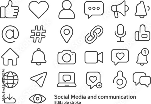 Vector illustration of line icons representing social media and communication concepts for digital interaction and engagement