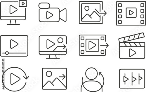 Vector illustration of line icons depicting multimedia elements including video playback, image sharing, and editing tools