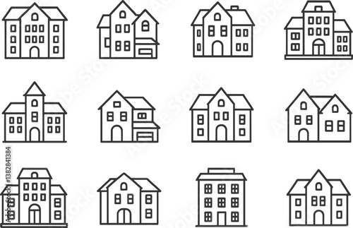 Variety of vector line icons depicting different styles of residential buildings arranged in a grid format