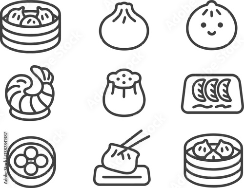 Line icons depicting various types of dumplings, seafood, and dim sum in a simple, elegant vector style suitable for culinary designs