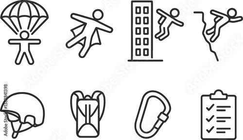 Vector illustration of adventure sports icons featuring parachuting, rock climbing, and safety gear