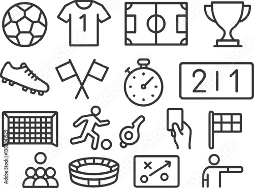 Vector illustration of sports icons representing soccer elements, actions, and game dynamics commonly found in football matches