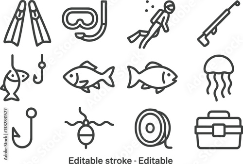 Vector illustration of line icons depicting snorkeling, fishing, and marine life activities for aquatic enthusiasts