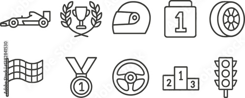 Vector illustration of racing icons featuring trophy, helmet, car, and other motorsport symbols