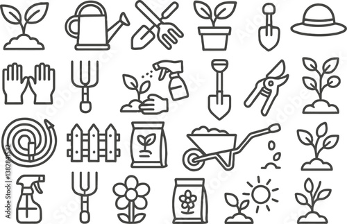 Gardening tools and plants represented as line icons for home gardening enthusiasts and professionals