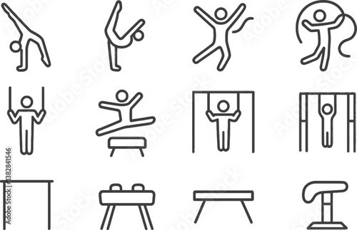 Vector illustration of gymnastics line icons depicting various gymnastic activities and poses for athletes in motion