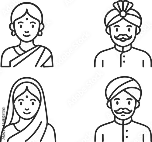 Vector illustration of diverse Indian characters in traditional attire in black and white line art