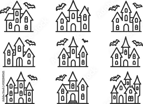 Vector illustration showcasing a series of haunted house line icons with bats, perfect for Halloween-themed designs