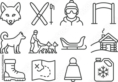 Winter outdoor activities including skiing, dog sledding, and cabin adventures in a snowy landscape