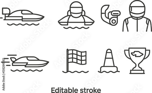 Vector illustration featuring line icons of watercraft, racing symbols, and aquatic activities for competitive motorboat racing