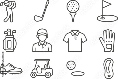 Vector illustration of golf equipment and players featuring various line icons capturing the essence of the sport