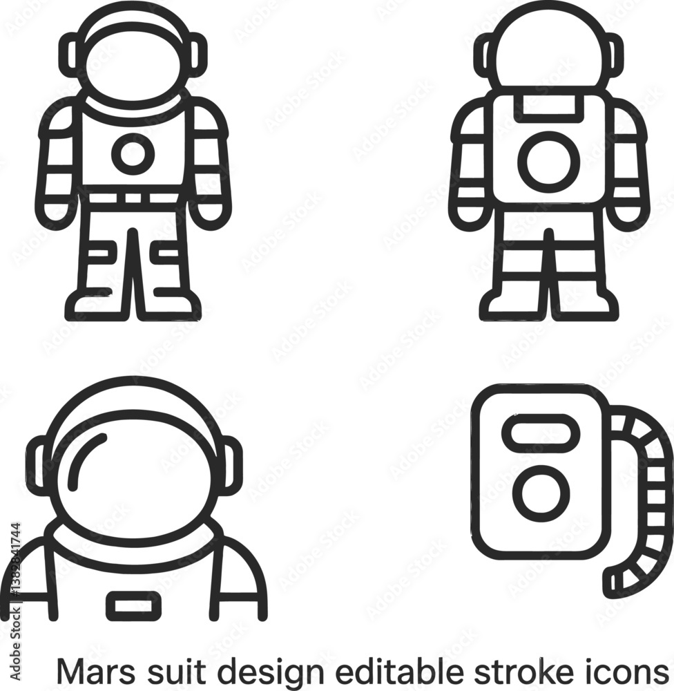Vector illustration of Mars suit design icons featuring astronauts in various poses and equipment for space exploration tasks Vector illustration of Mars suit design icons featuring astronauts in various poses and equipment for space exploration tasks