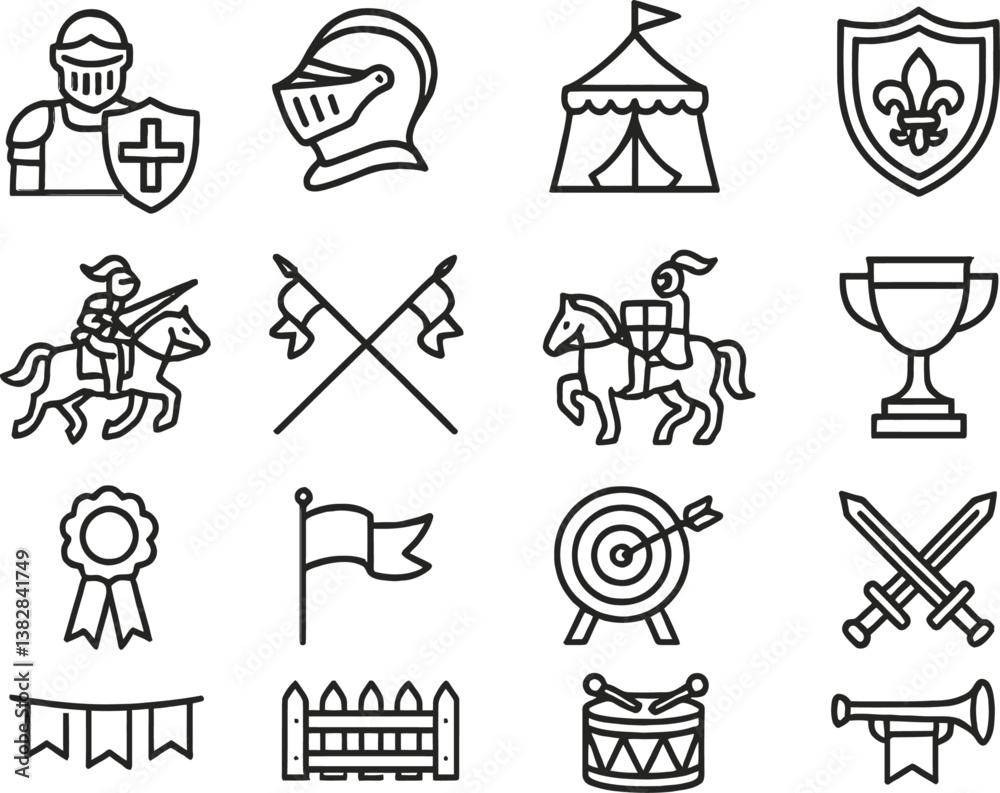 Fototapeta premium Vector illustration of medieval themed line icons showcasing knights, tournaments, and awards
