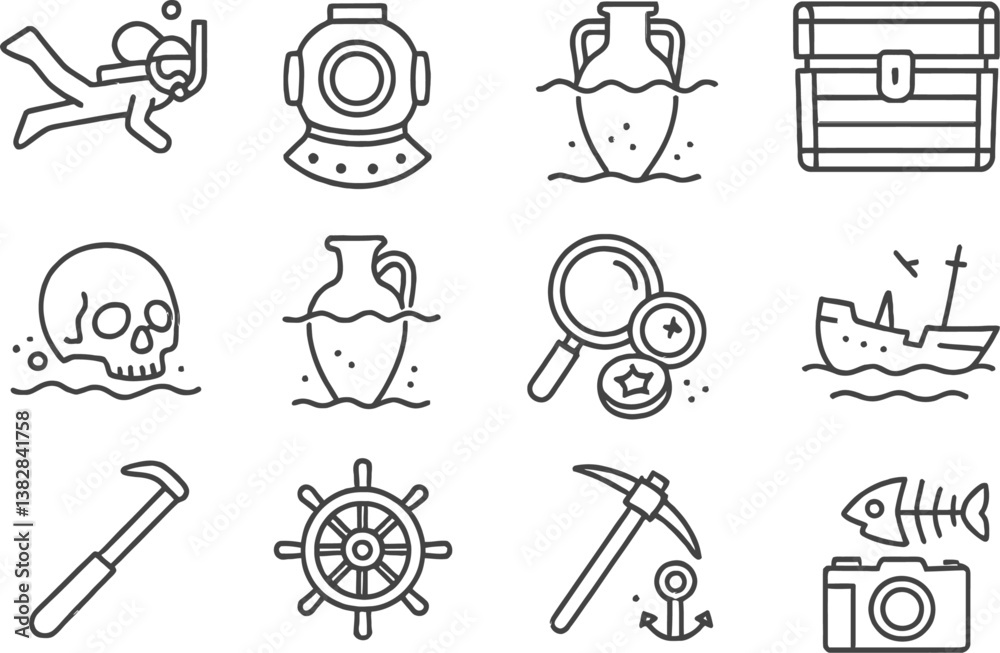Fototapeta premium Line icons of ocean exploration elements featuring diving, treasure hunting, and shipwrecks in a simplistic design style