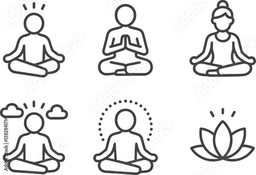 Vector illustration of line icons depicting meditation poses, mindfulness practices, and symbols of tranquility and peace
