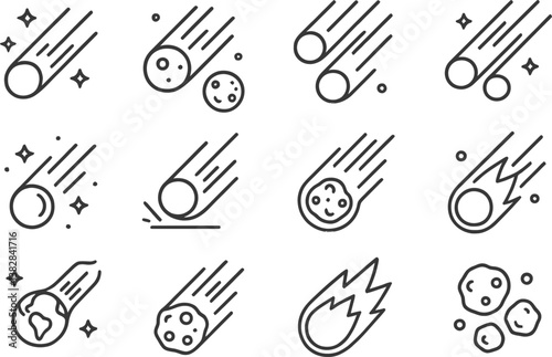 Vector illustration of line icons depicting comets, meteors, and celestial bodies in different configurations and styles