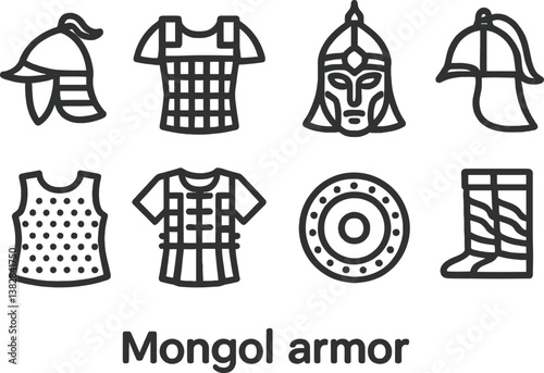 Line icons showcasing various types of Mongol armor including helmets, shirts, shields, and boots designed in a vector illustration style
