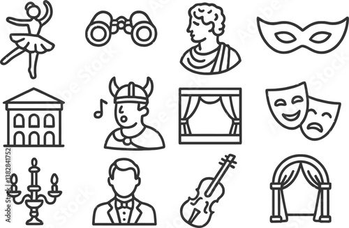 Vector illustration of diverse cultural and artistic icons depicting dance, theater, and historical themes