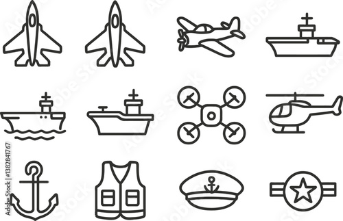 Vector illustration of transportation and military themed line icons featuring aircraft, ships, and accessories for various activities