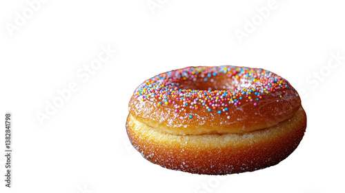 Wallpaper Mural Sweet Donut Delight: A delectable donut, adorned with a vibrant rainbow of sprinkles, sits invitingly on a plain background. Its golden-brown hue and fluffy texture beckon a sweet treat. Torontodigital.ca