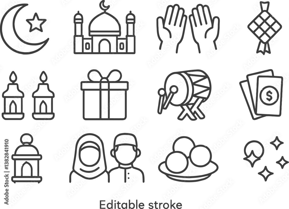 Obraz premium Collection of vector line icons depicting various cultural symbols and activities related to celebrations and religious practices